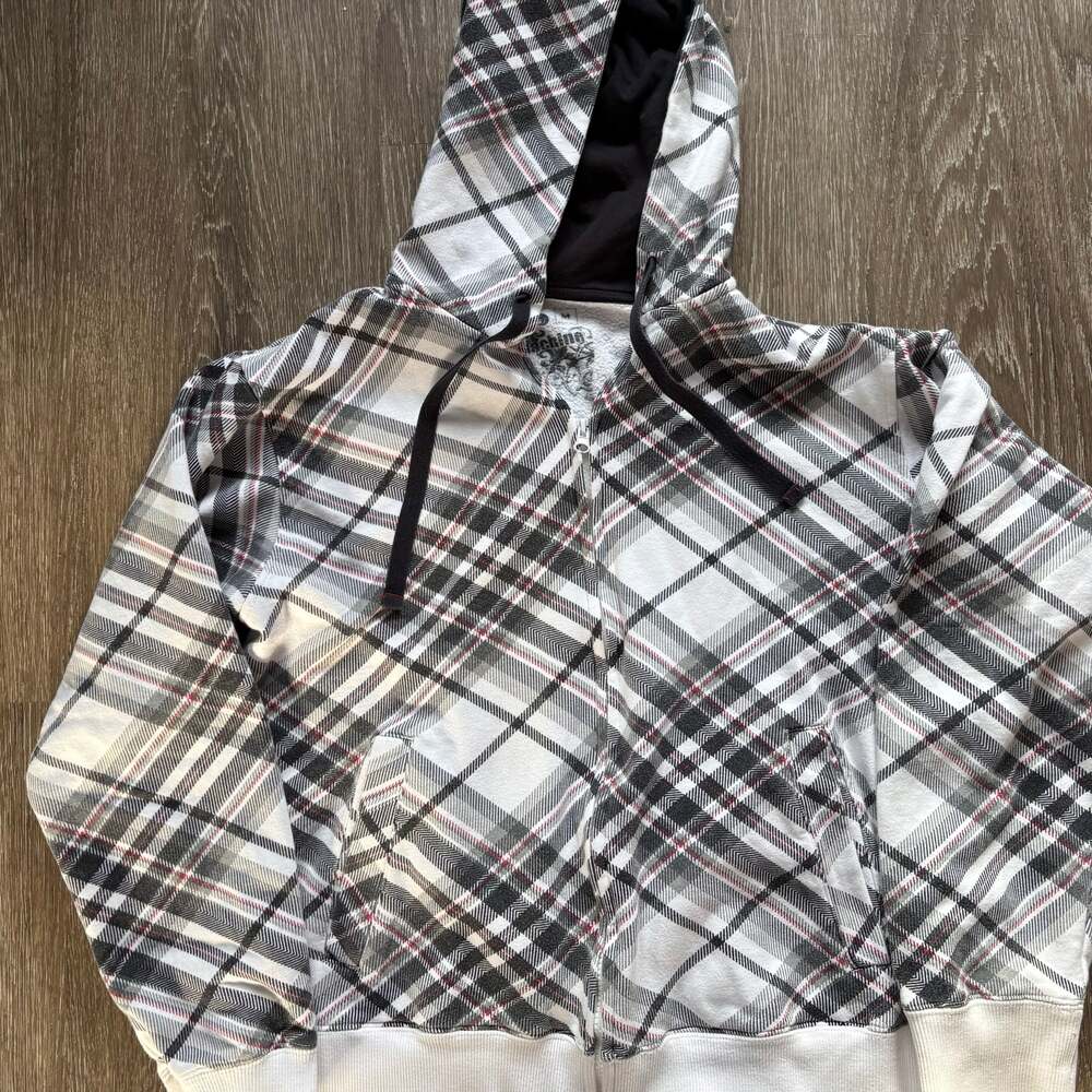 Hooded Flannel Shirt With Hood Gray White Red Black Skater Streetwear Flannel Bu